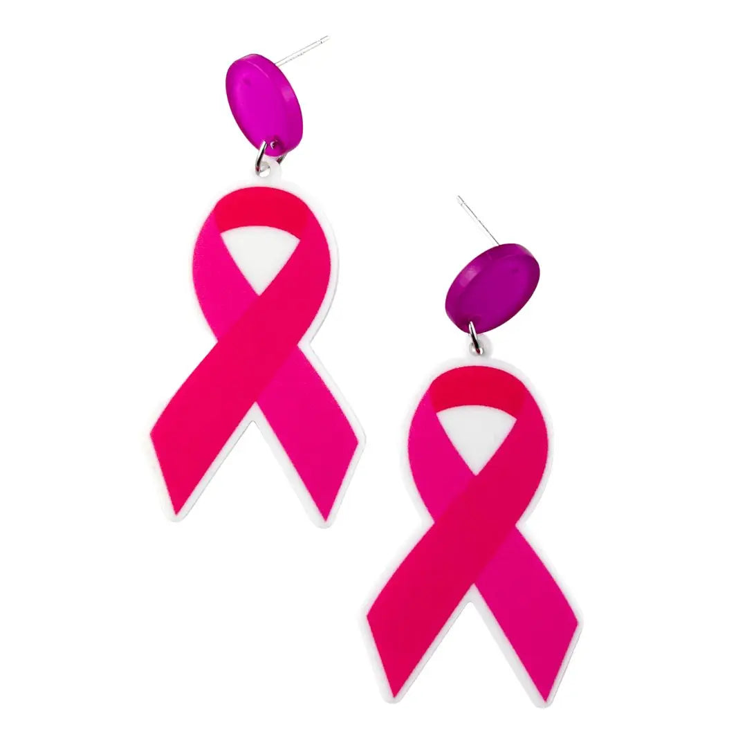 Close-up of Pink Ribbon Stud Drop Earrings made from lightweight acrylic with stainless steel studs