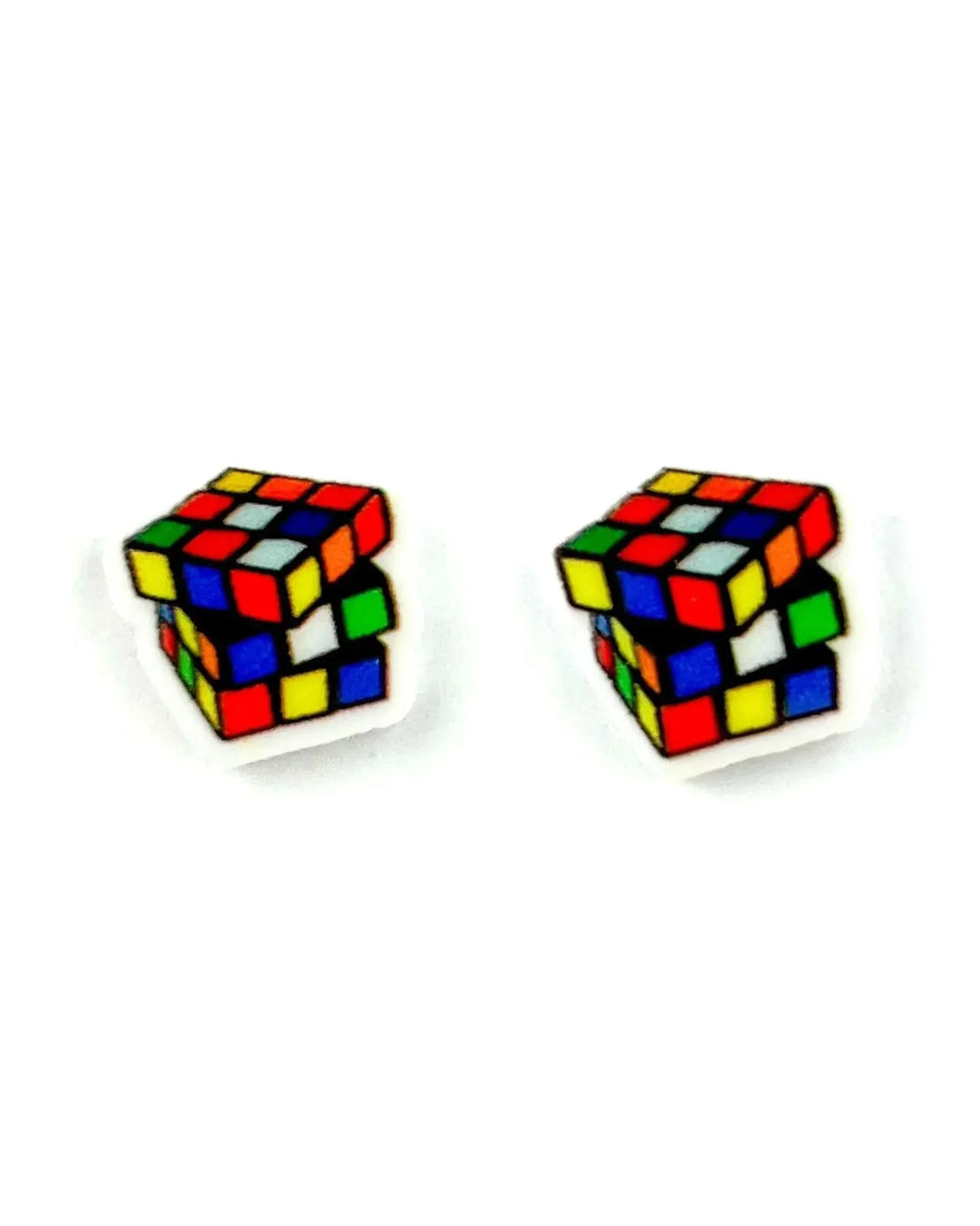 Rubiks Cube Puzzle stud earrings, a colourful scrambled cube mid-twist on an acrylic charm