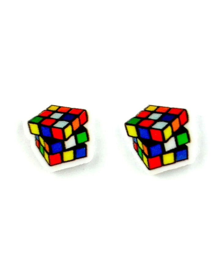 Rubiks Cube Puzzle stud earrings, a colourful scrambled cube mid-twist on an acrylic charm