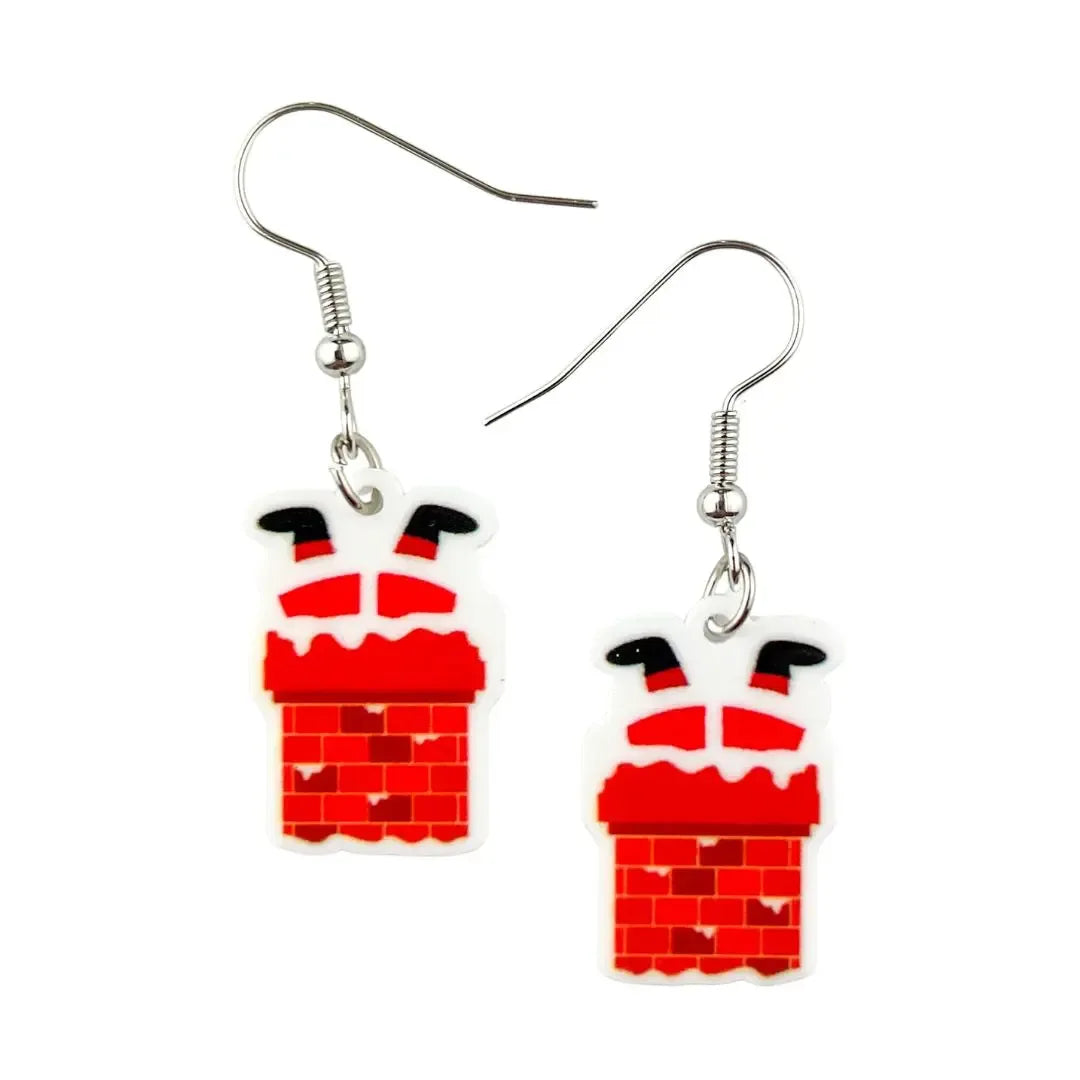 Santa in the Chimney Christmas Earrings - fun novelty drop earrings featuring Santa stuck in a chimney by Sunbaked Lizard.