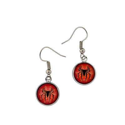 Spider-themed earrings with red and black design on a white background