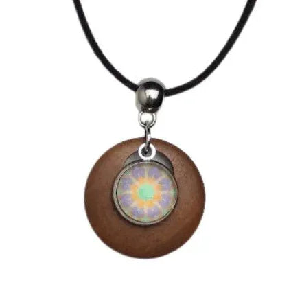 Necklace with a wooden pendant featuring a colorful circular design on a white background