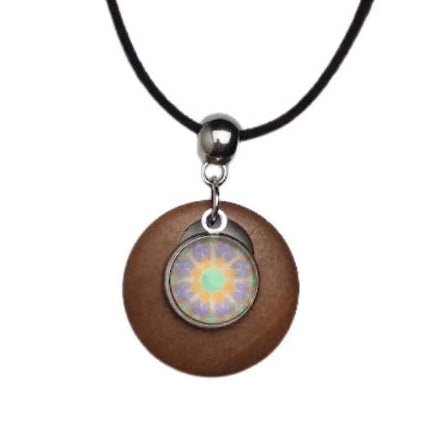 Necklace with a wooden pendant featuring a colorful circular design on a white background