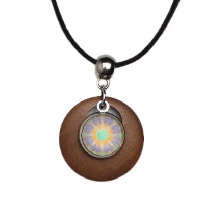 Necklace with a wooden pendant featuring a colorful circular design on a white background
