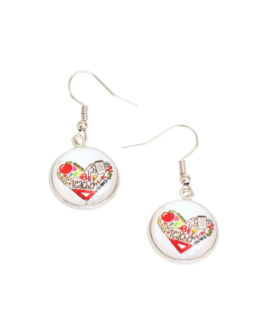 “Glass cabochon earrings with colourful teacher themed heart design in rhodium tray on stainless steel hooks”