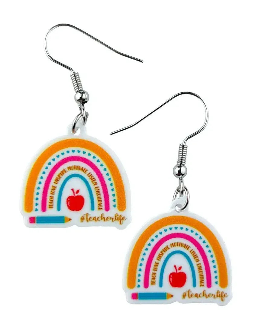 Colourful Teachers Life rainbow acrylic earrings with apple and pencil design on stainless steel hooks