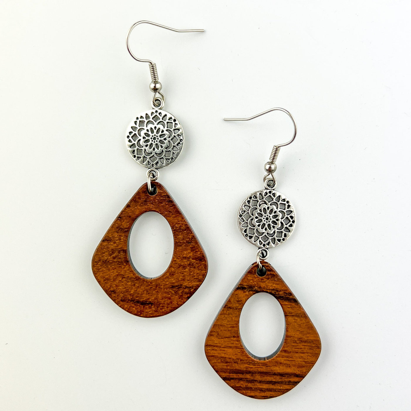 Timber and Silver Floral Pendant Earrings