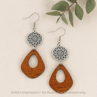 Timber and Silver Floral Pendant Earrings Sunbaked Lizard Jewellery & Gifts