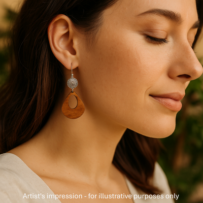Timber and Silver Floral Pendant Earrings Sunbaked Lizard Jewellery & Gifts