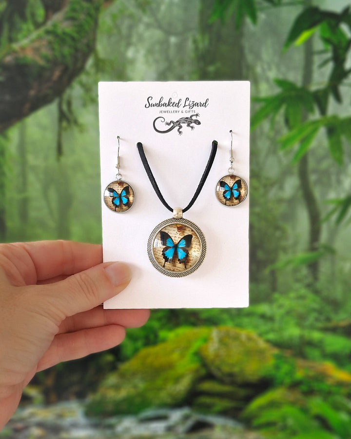 Blue Ulysses Butterfly Necklace &amp; Earrings Set (save 5% as a set)