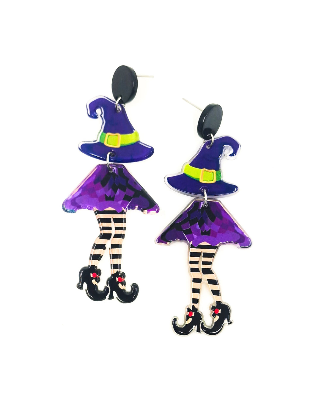 Witch stud drop earrings with purple witch hat, bat-print skirt and striped legs on white background