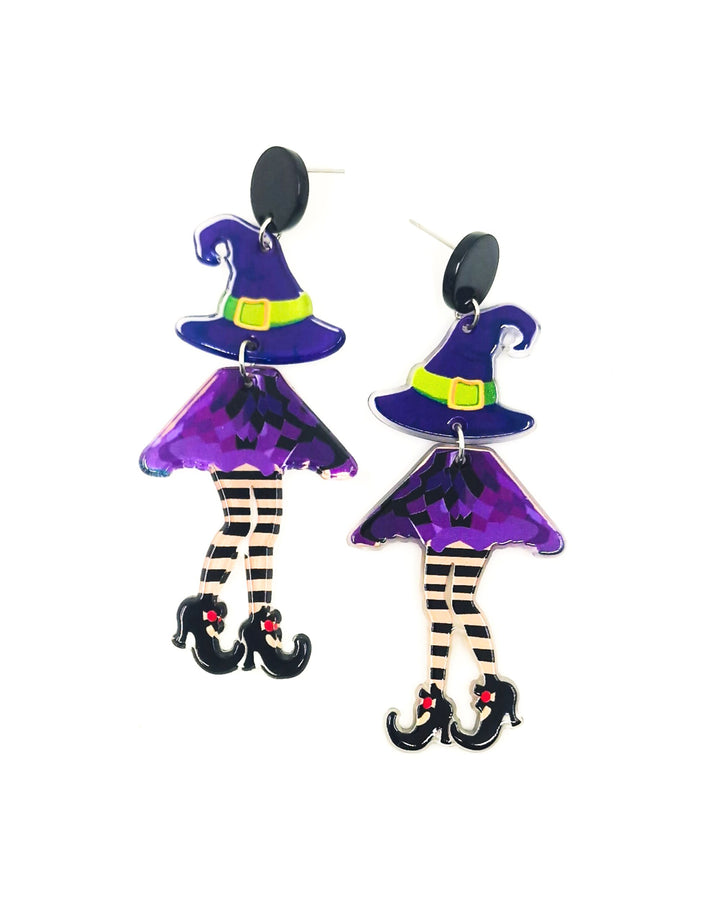 Witch stud drop earrings with purple witch hat, bat-print skirt and striped legs on white background