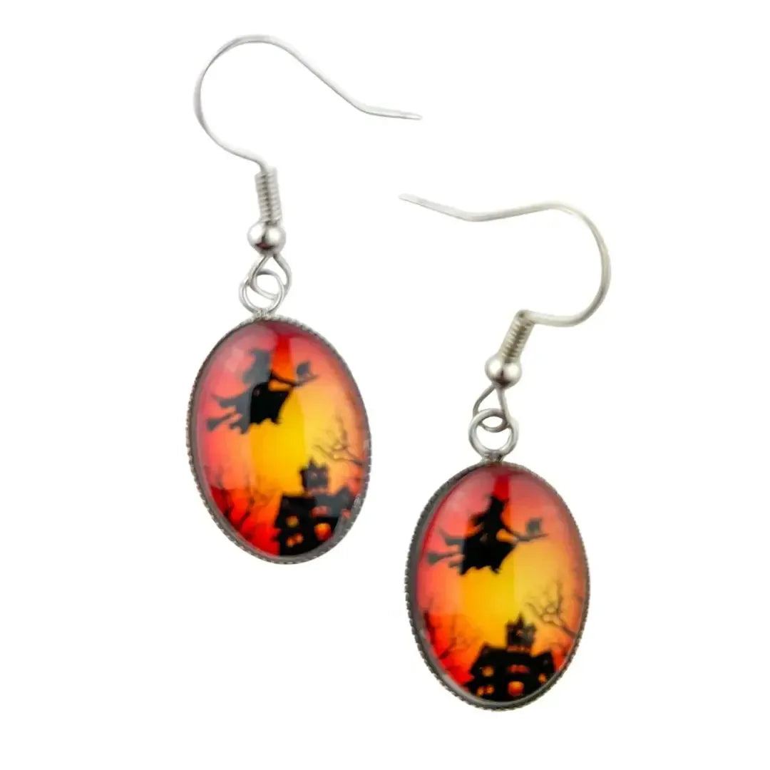 Witch on a Broomstick Halloween Oval Drops Sunbaked Lizard Jewellery & Gifts