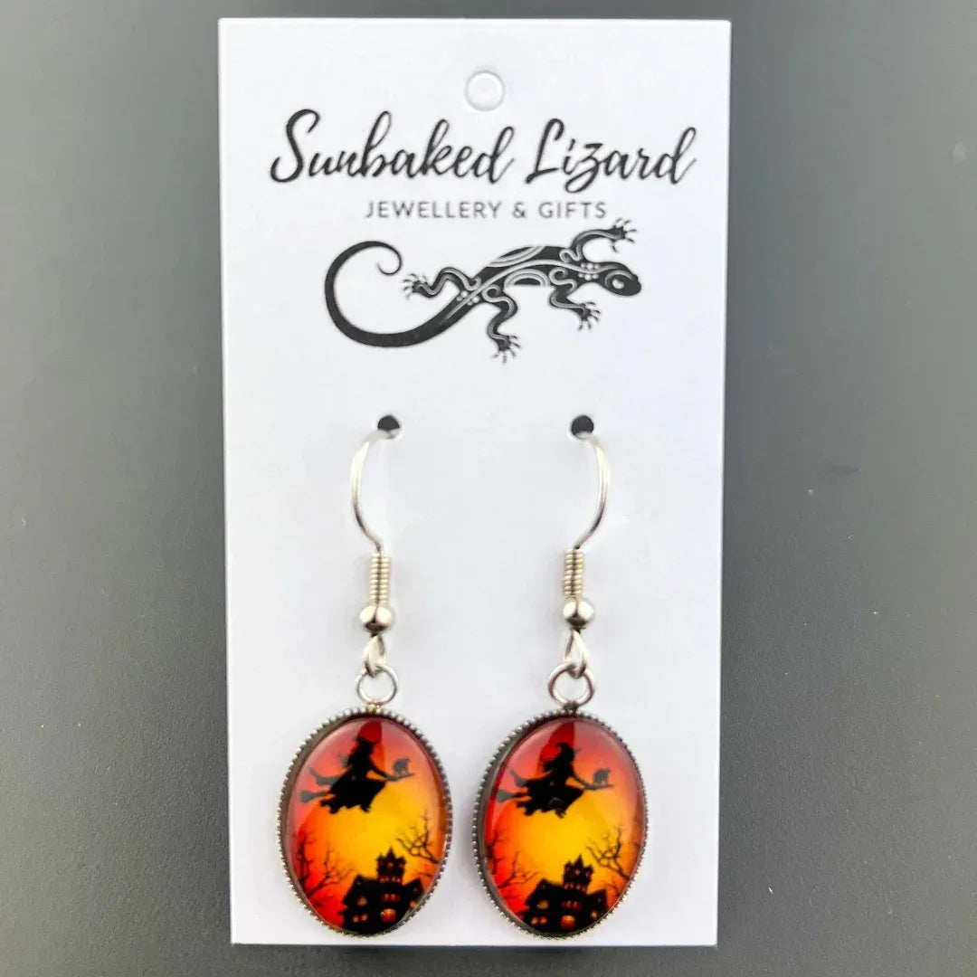Witch on a Broomstick Halloween Oval Drops Sunbaked Lizard Jewellery &amp; Gifts