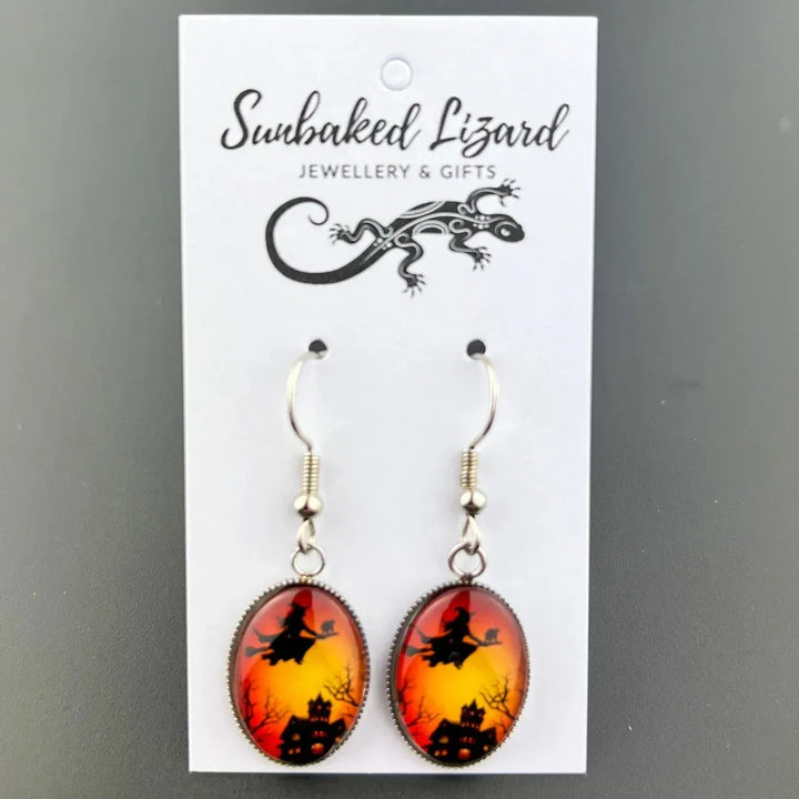 Witch on a Broomstick Halloween Oval Drops Sunbaked Lizard Jewellery &amp; Gifts