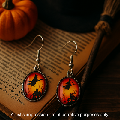 Witch on a Broomstick Halloween Oval Drops Sunbaked Lizard Jewellery & Gifts