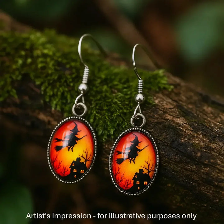 Witch on a Broomstick Halloween Oval Drops Sunbaked Lizard Jewellery &amp; Gifts