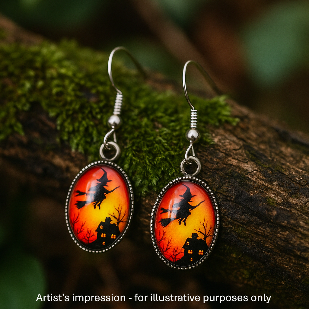 Witch on a Broomstick Halloween Oval Drops Sunbaked Lizard Jewellery & Gifts