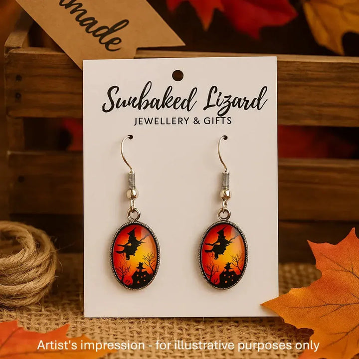 Witch on a Broomstick Halloween Oval Drops Sunbaked Lizard Jewellery &amp; Gifts
