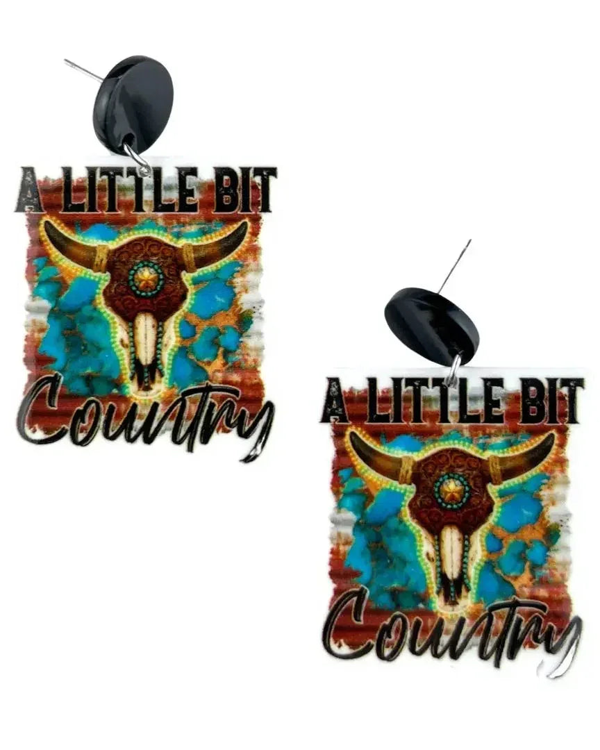 A Little Bit Country western statement drop earrings featuring longhorn skull and turquoise design with black stud top