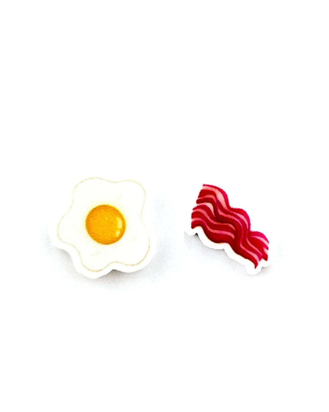 Bacon and egg stud earrings, one fried egg charm and one bacon rasher charm, mismatched design