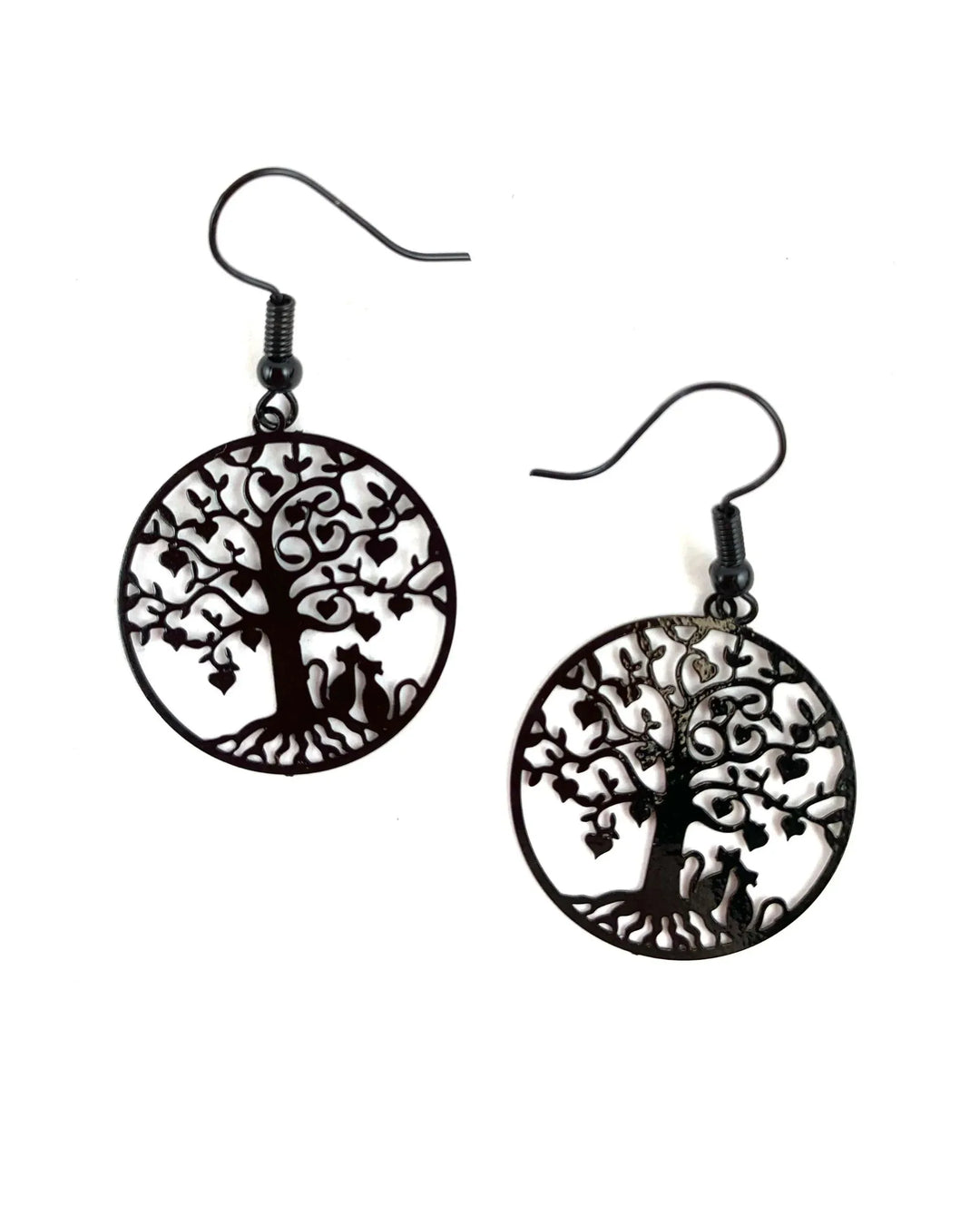 Black filigree cat drop earrings with Tree of Life design, heart-shaped leaves and cat silhouette