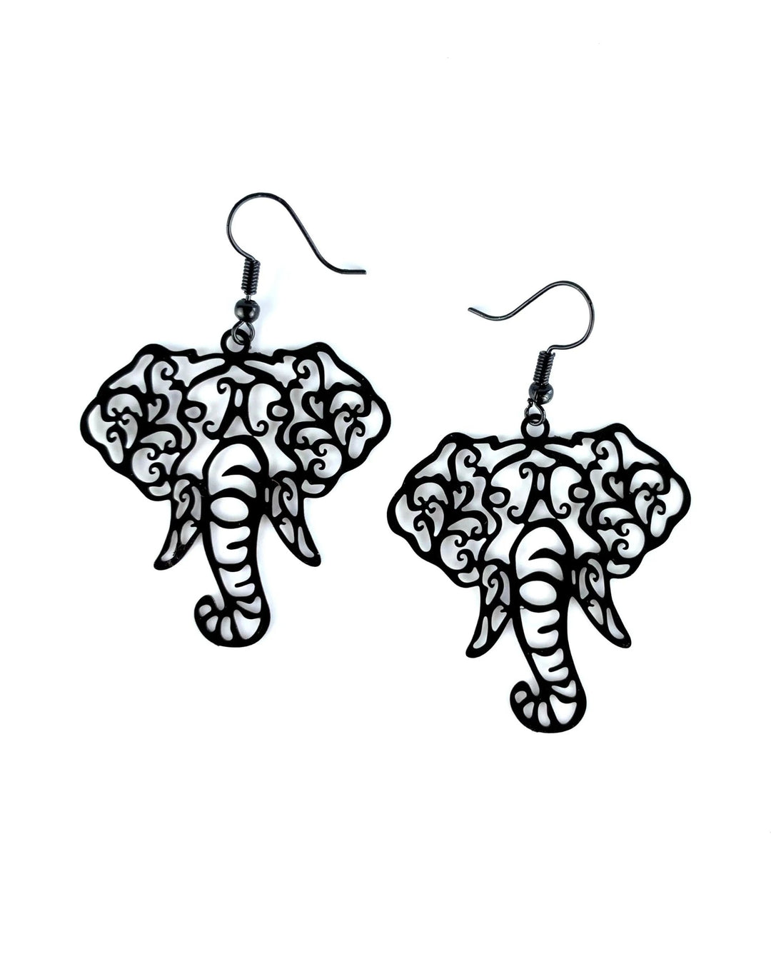 Black filigree elephant drop earrings with ornate cut-out detail, tusks and long curved trunk