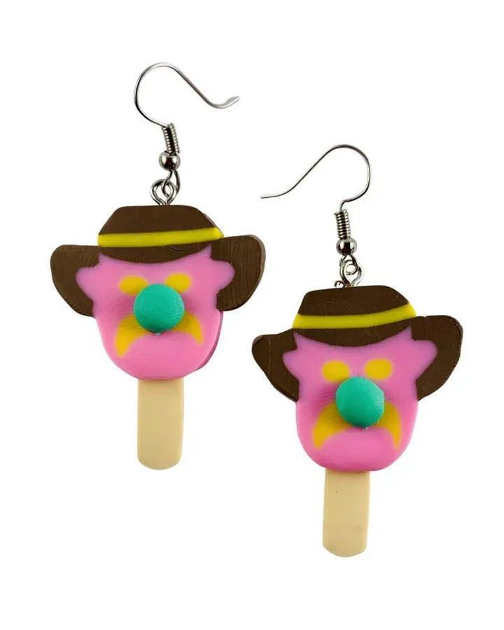 Bill Ice Cream Drop Earrings featuring a smiling pastel ice cream character with hat, colourful clay design on drop hooks by Sunbaked Lizard