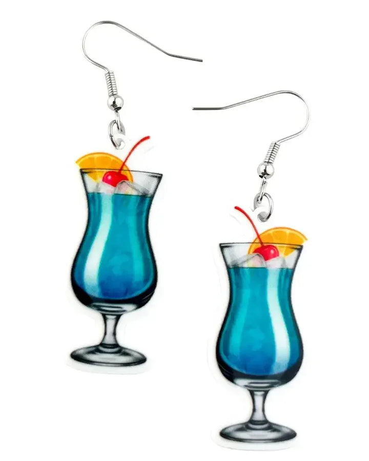 Blue cocktail glass dangle earrings with silver hooks and cherry garnish detail for a fun quirky novelty look.