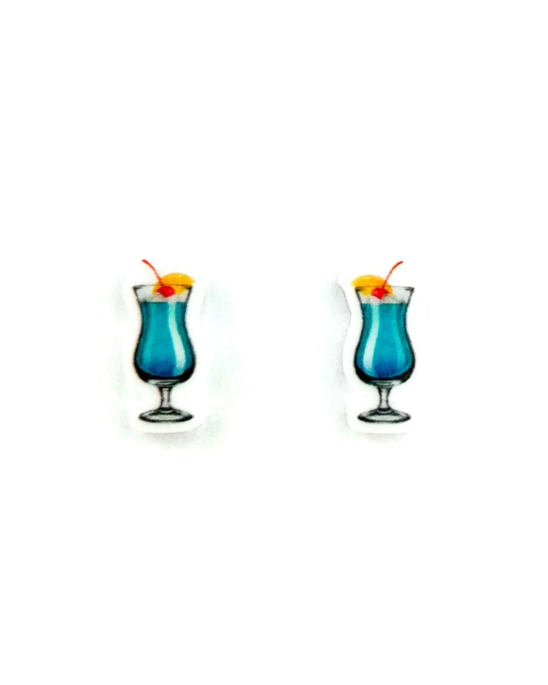 Small 12mm blue cocktail glass stud earrings with cherry and orange garnish for a fun quirky novelty look.