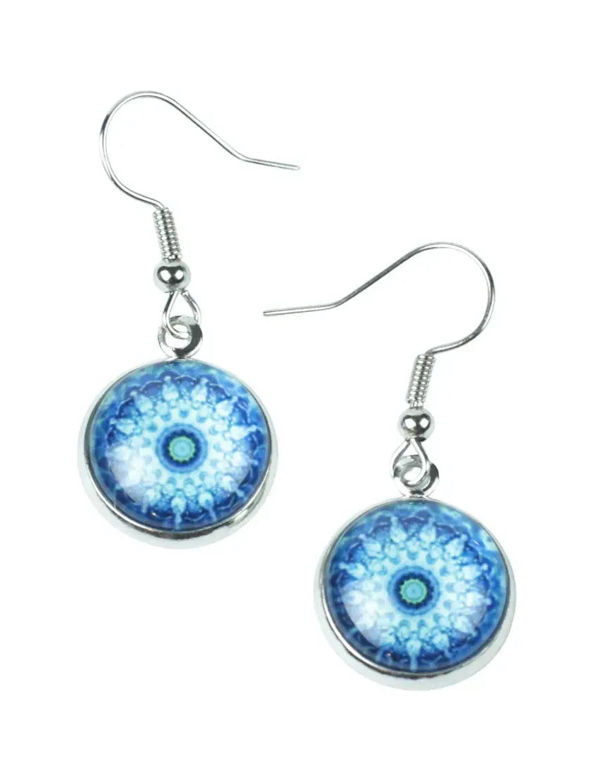 Blue mandala earrings with glossy glass cabochon drops and silver hooks