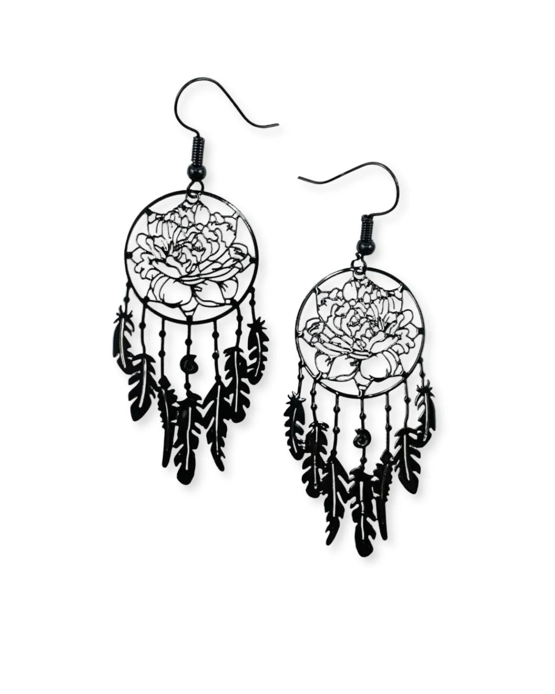 Black boho flower dream catcher earrings with a cut-out peony and feather drops on black hooks