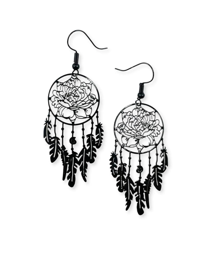 Black boho flower dream catcher earrings with a cut-out peony and feather drops on black hooks