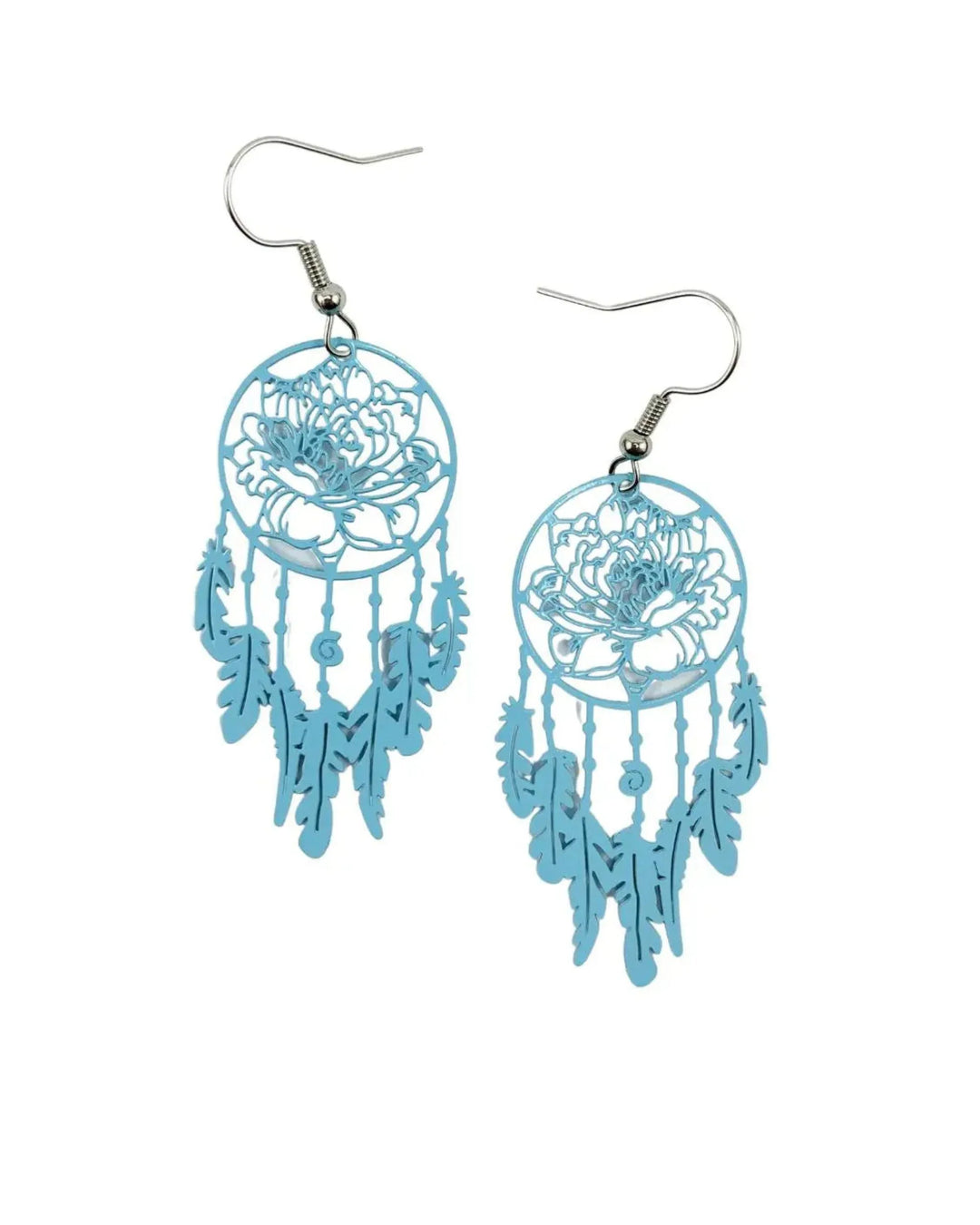 Pale blue boho flower dream catcher earrings with a cut-out peony and feather drops on silver hooks