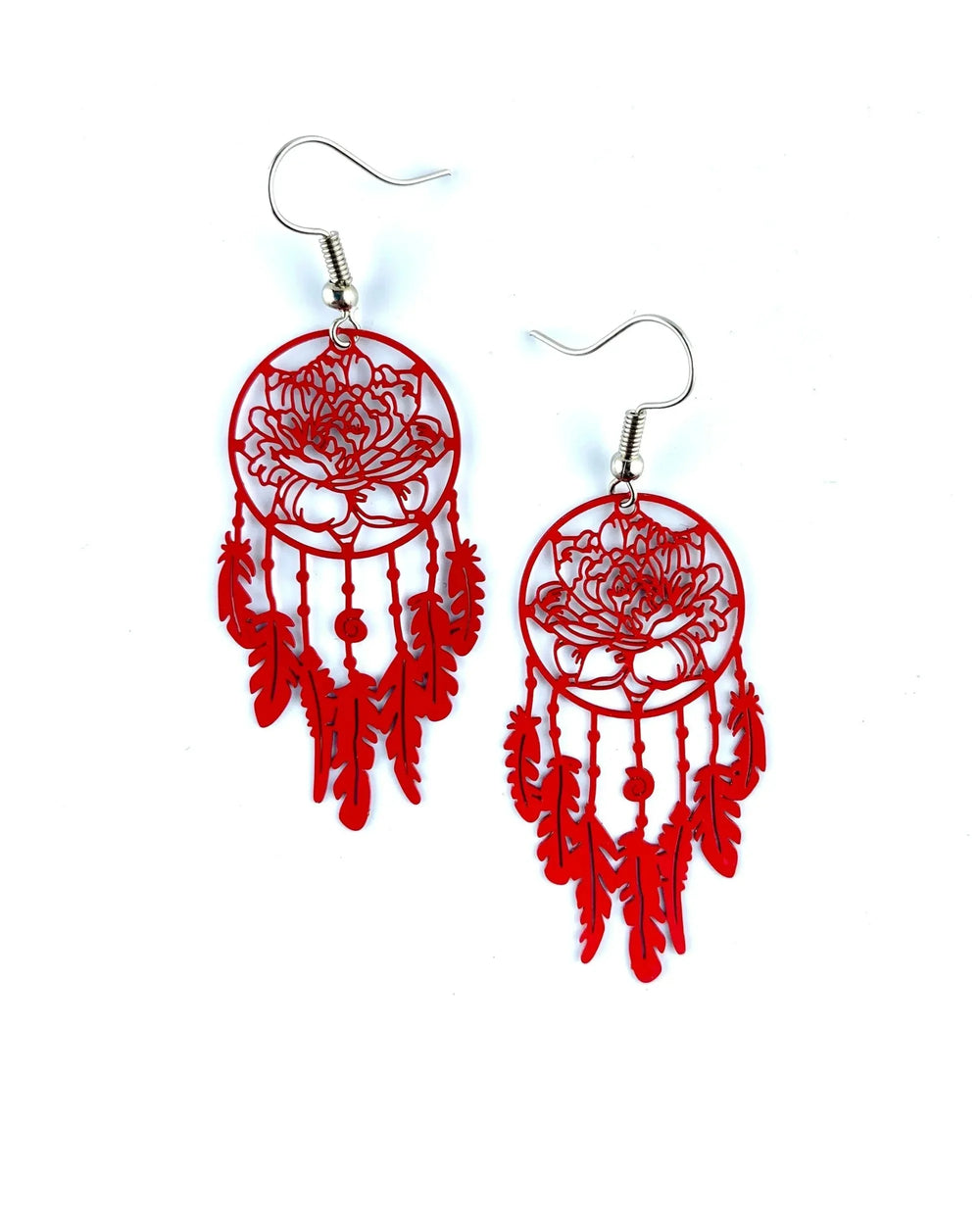 Red boho flower dream catcher earrings with a cut-out peony and feather drops on silver hooks