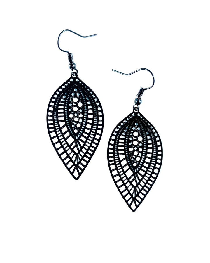Black botanical leaf dangle earrings with filigree-style cut-out pattern and dark hooks
