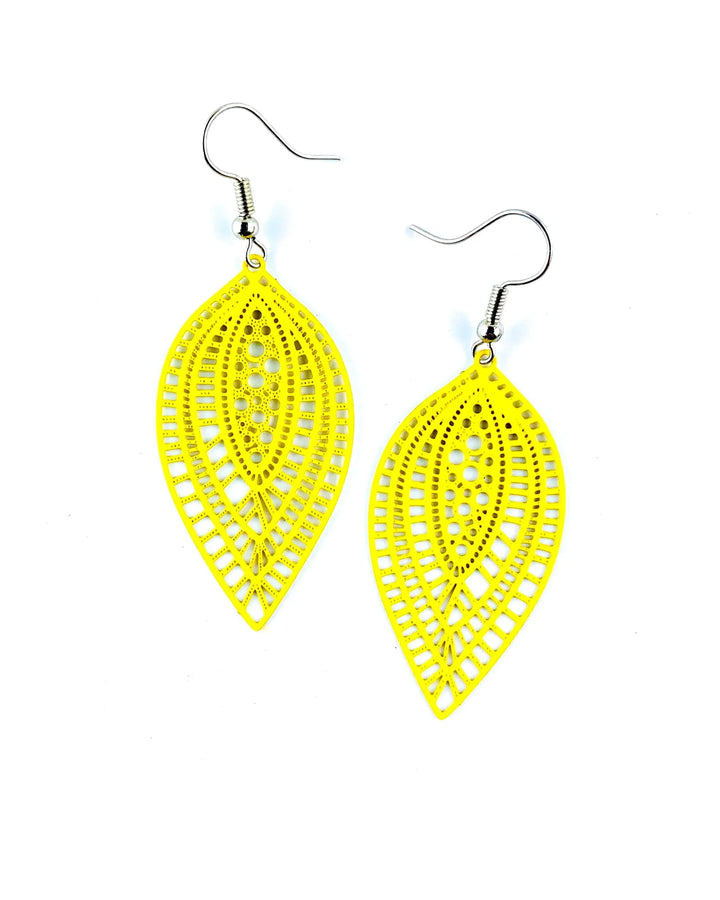 Yellow botanical leaf dangle earrings with filigree-style cut-out pattern and silver hooks