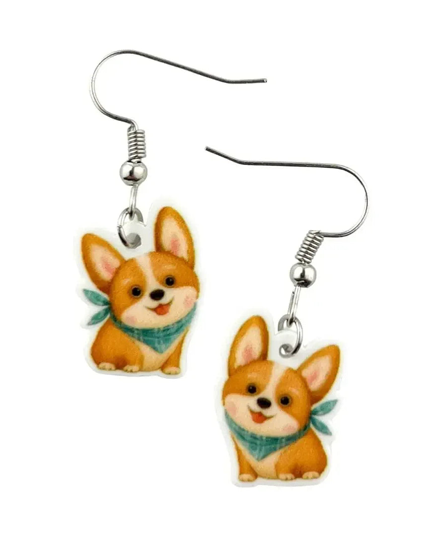 Candy the Corgi drop earrings, seated corgi charm with teal bandana on silver hooks
