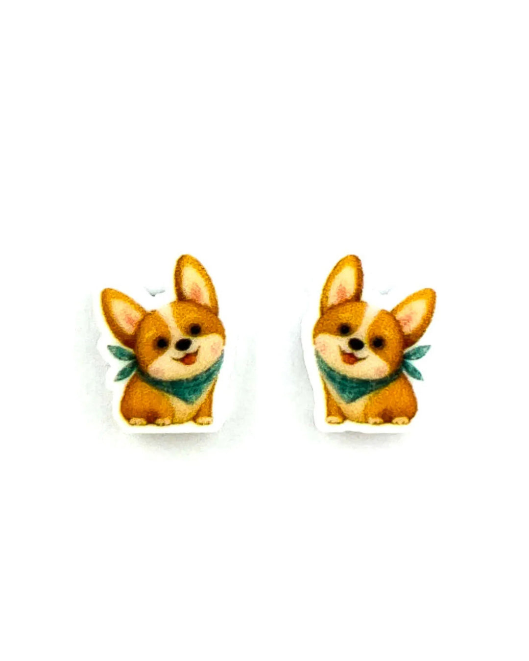 Candy the Corgi stud earrings, seated corgi charm with teal bandana