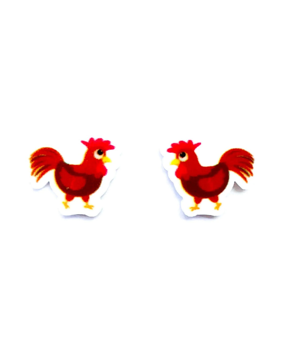 Small red rooster stud earrings with yellow beak and feet on white background