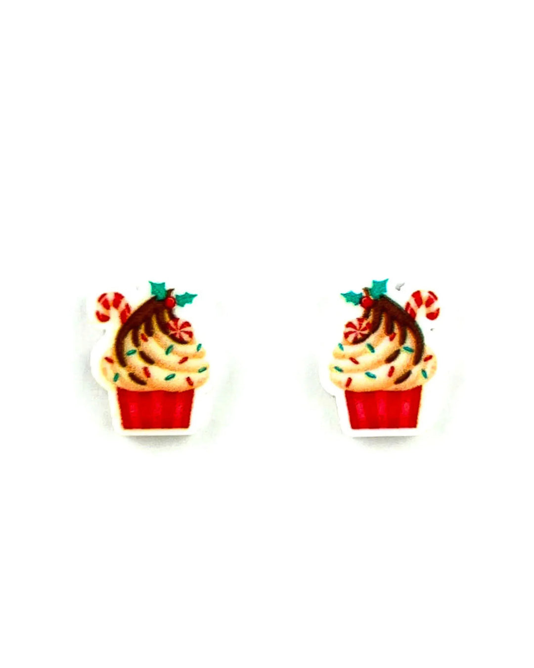Christmas cupcake stud earrings with swirled frosting, sprinkles, a candy cane and a sprig of holly