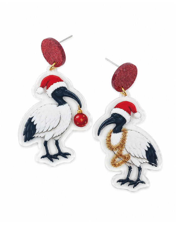 Christmas ibis earrings with bin chickens in Santa hats, one holding a bauble and one wearing tinsel