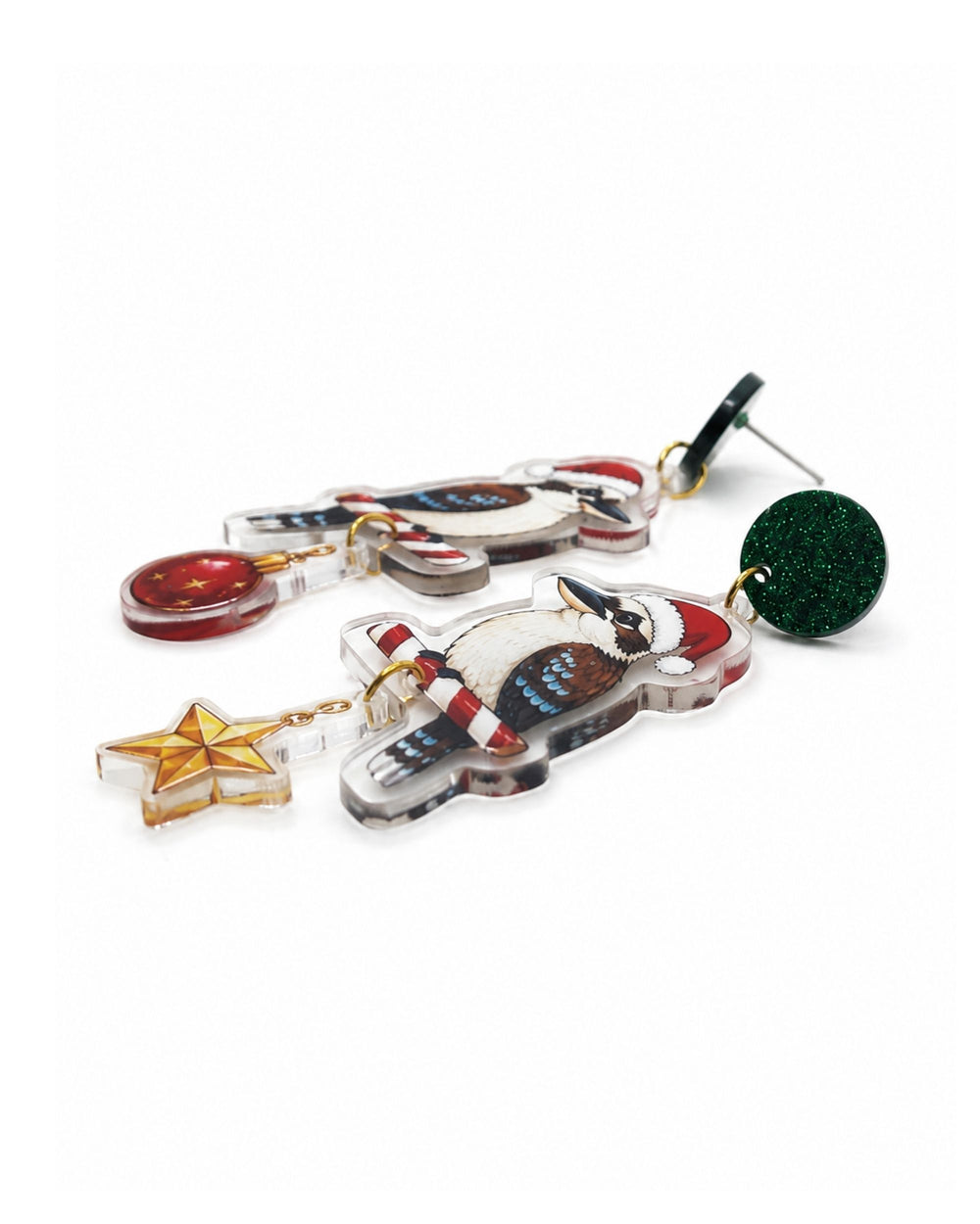Side view of Christmas kookaburra earrings showing the flat printed acrylic charm
