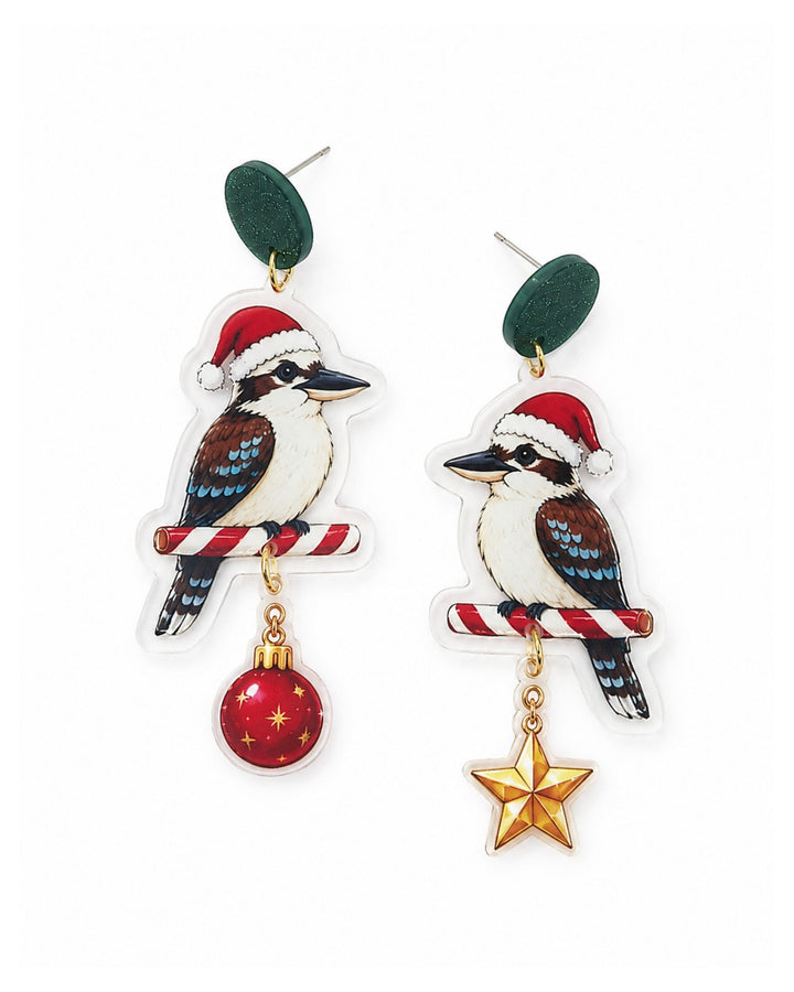 Christmas kookaburra earrings with kookaburras in Santa hats on candy canes, with a hanging bauble and star