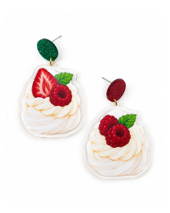 Christmas pavlova earrings with swirled cream and berry tops on mismatched red and green glitter studs