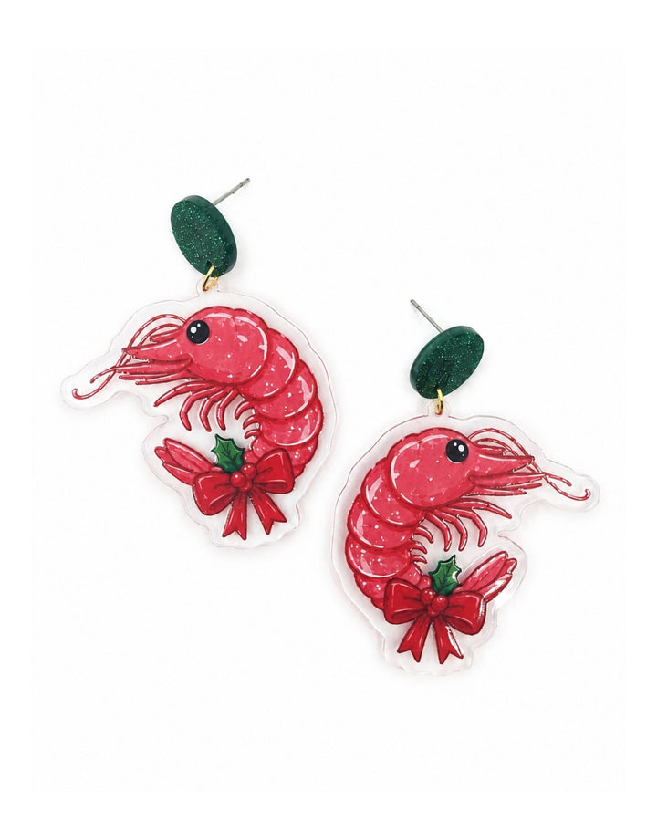 Christmas prawn earrings with pink prawns wearing red bows and holly, on green glitter studs
