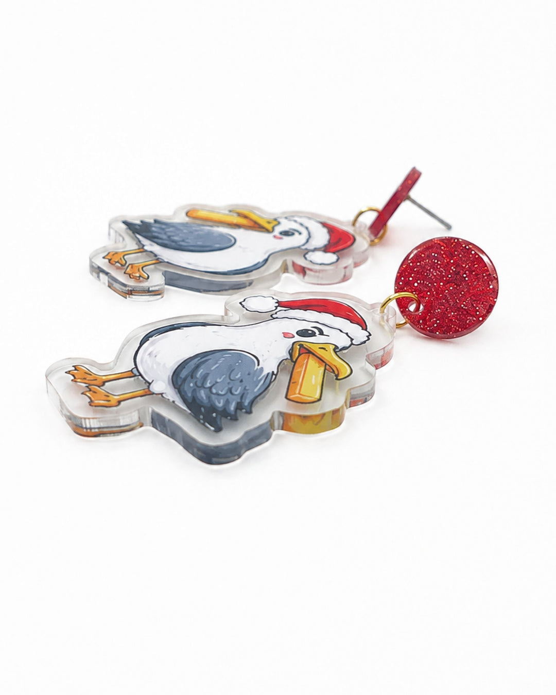 Side view of Christmas seagull earrings showing the flat printed acrylic charm