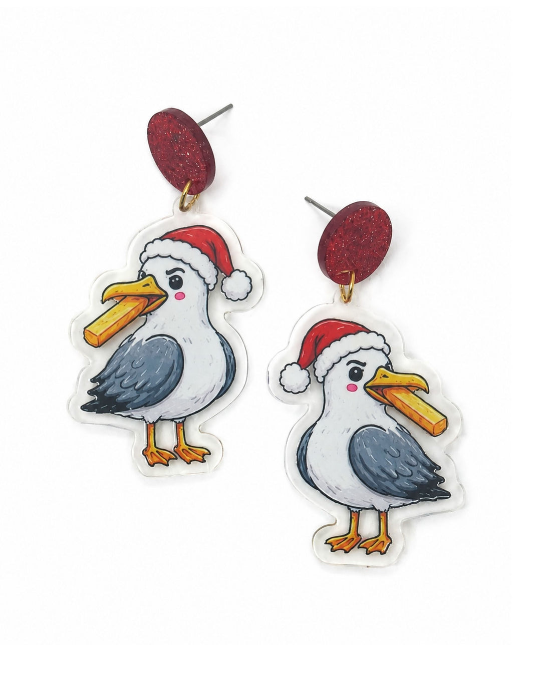 Christmas seagull earrings with seagulls in Santa hats holding hot chips, on red glitter studs