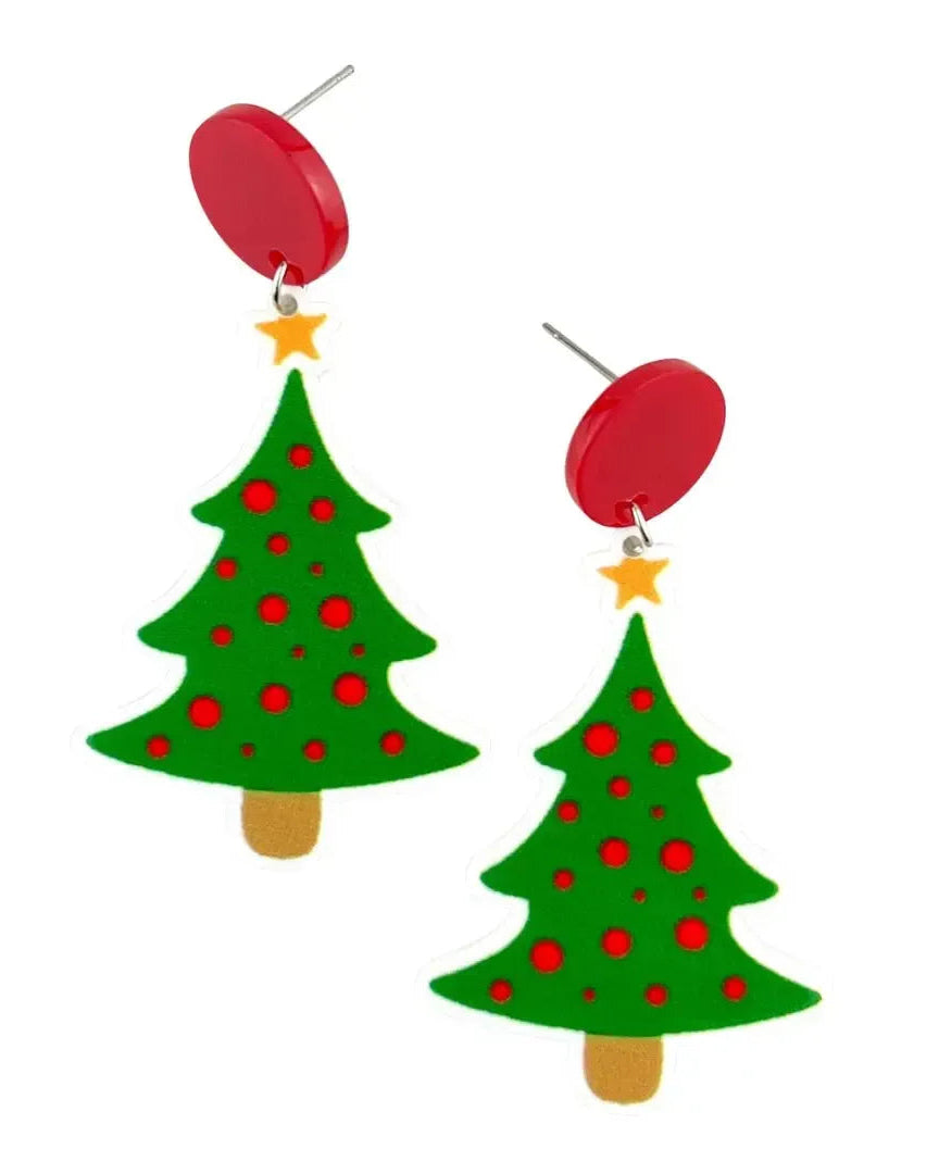 Red and green Christmas tree earrings with scattered red baubles and a gold star, on red stud tops