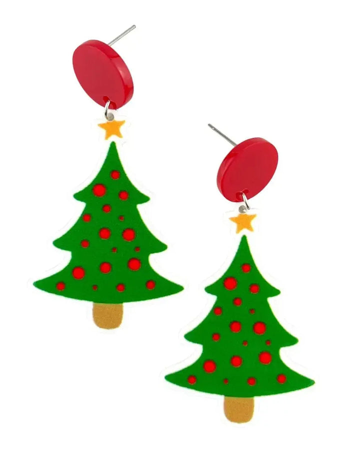 Red and green Christmas tree earrings with scattered red baubles and a gold star, on red stud tops